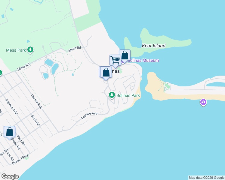 map of restaurants, bars, coffee shops, grocery stores, and more near 80 Brighton Avenue in Bolinas