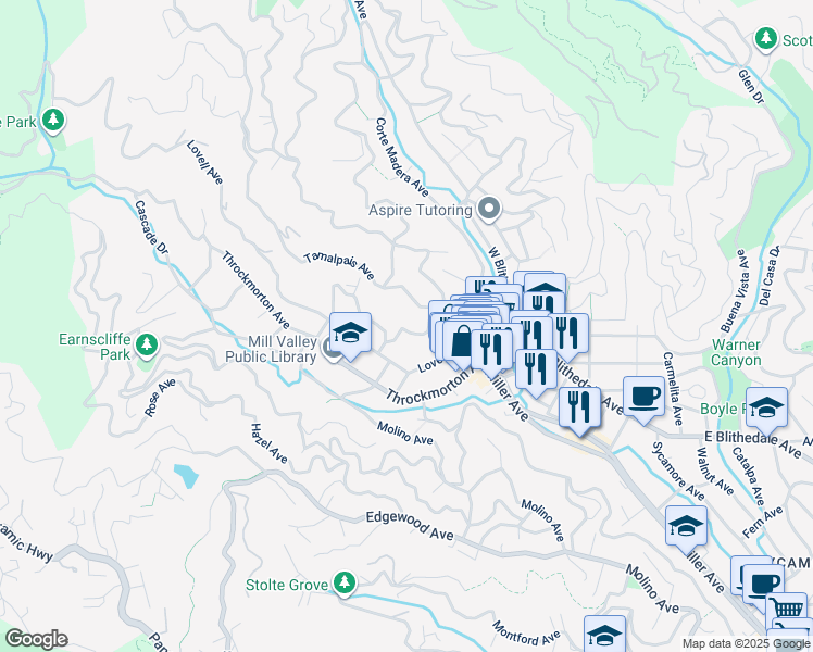 map of restaurants, bars, coffee shops, grocery stores, and more near 24 Summit Avenue in Mill Valley