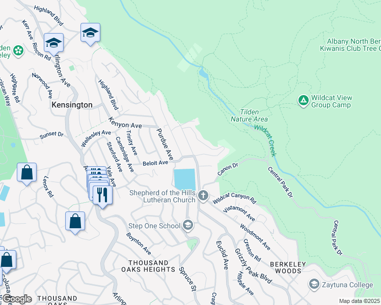 map of restaurants, bars, coffee shops, grocery stores, and more near 298 Grizzly Peak Boulevard in Kensington