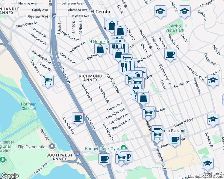 map of restaurants, bars, coffee shops, grocery stores, and more near 5910 Huntington Avenue in Richmond
