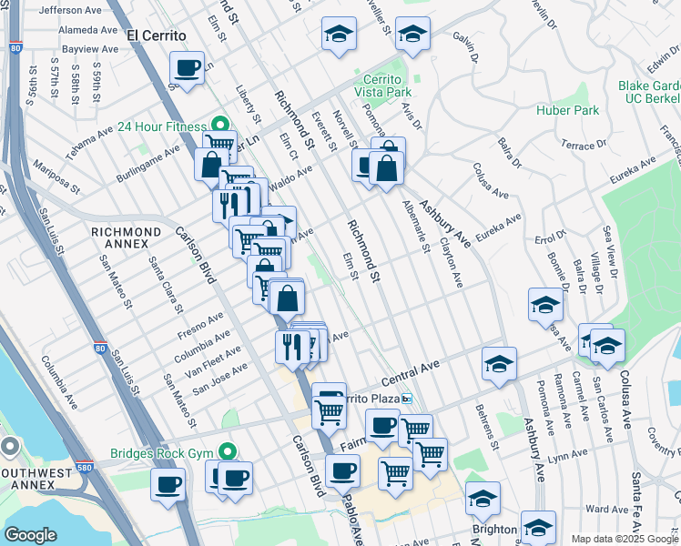 map of restaurants, bars, coffee shops, grocery stores, and more near 730 Liberty Street in El Cerrito