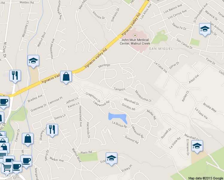 map of restaurants, bars, coffee shops, grocery stores, and more near 407 Tampico in Walnut Creek