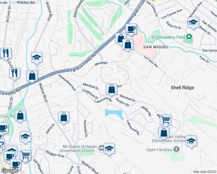 map of restaurants, bars, coffee shops, grocery stores, and more near 407 Tampico in Walnut Creek