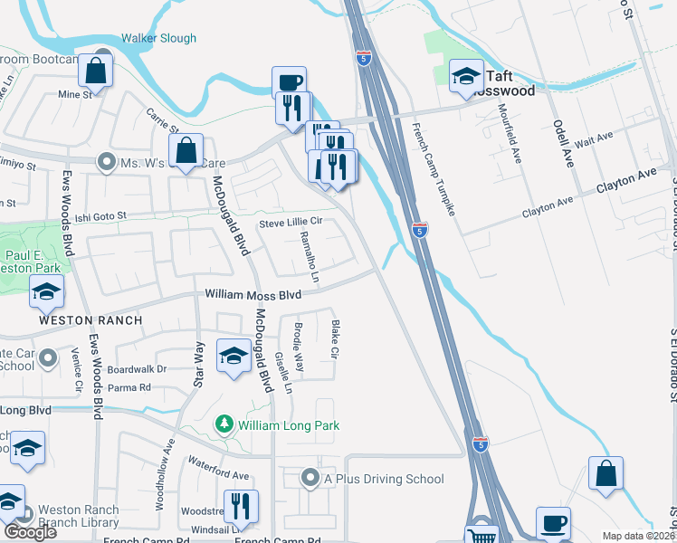 map of restaurants, bars, coffee shops, grocery stores, and more near 3808 Steve Lillie Circle in Stockton