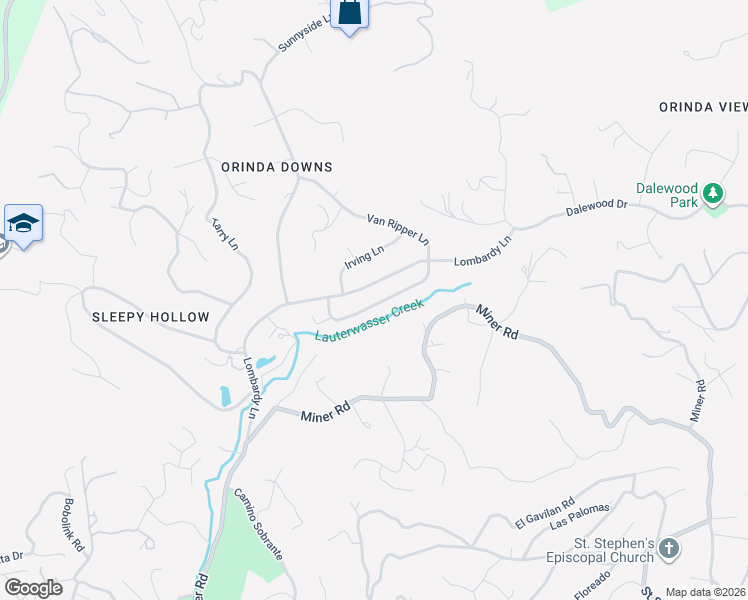 map of restaurants, bars, coffee shops, grocery stores, and more near 104 Van Ripper Lane in Orinda