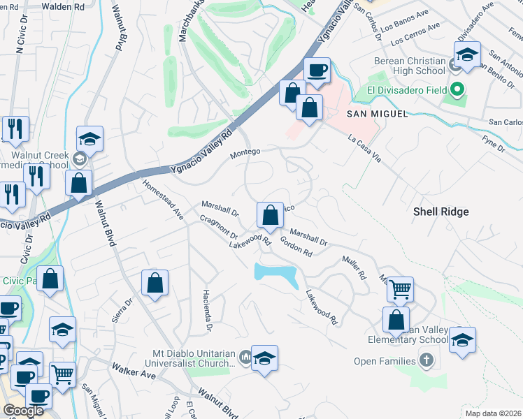map of restaurants, bars, coffee shops, grocery stores, and more near 405 Tampico in Walnut Creek