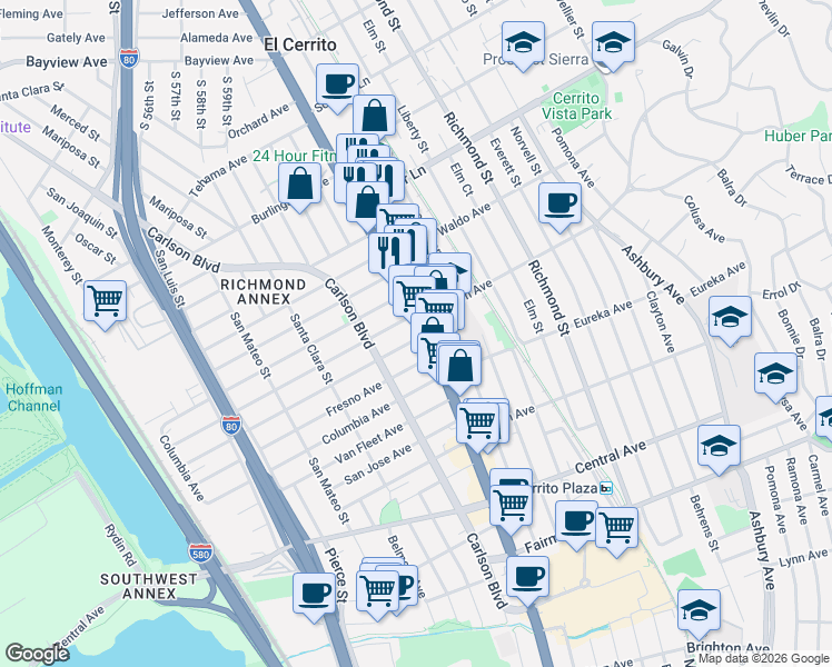 map of restaurants, bars, coffee shops, grocery stores, and more near 10367 San Pablo Avenue in El Cerrito