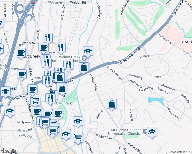 map of restaurants, bars, coffee shops, grocery stores, and more near 1011 Ygnacio Valley Road in Walnut Creek