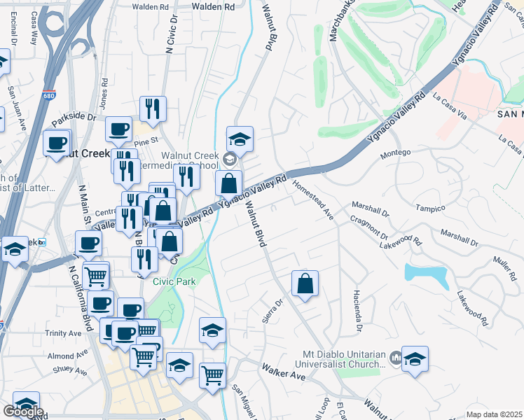 map of restaurants, bars, coffee shops, grocery stores, and more near 1011 Ygnacio Valley Road in Walnut Creek