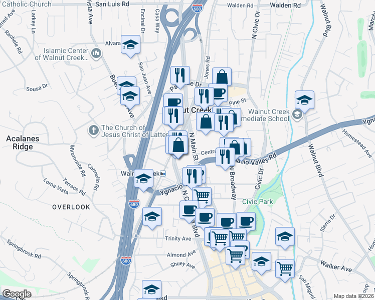map of restaurants, bars, coffee shops, grocery stores, and more near 2051 North Main Street in Walnut Creek