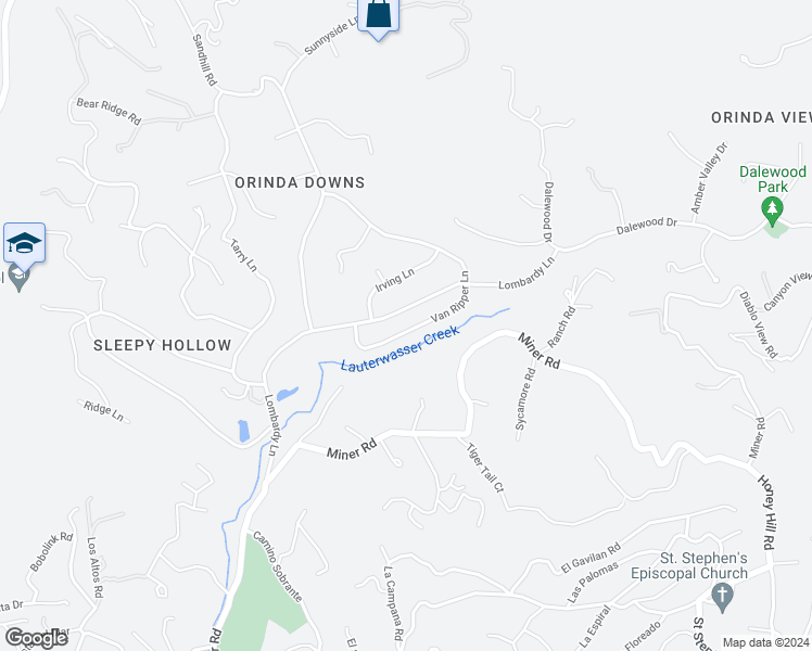 map of restaurants, bars, coffee shops, grocery stores, and more near 104 Van Ripper Lane in Orinda