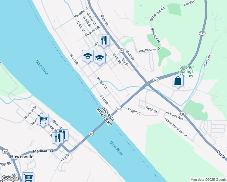 map of restaurants, bars, coffee shops, grocery stores, and more near 201 Webb Street in Cannelton