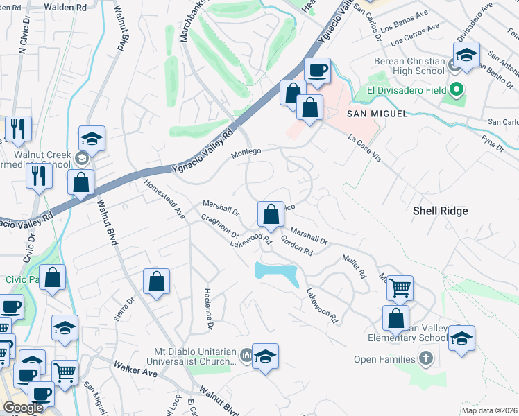 map of restaurants, bars, coffee shops, grocery stores, and more near 401 Tampico in Walnut Creek