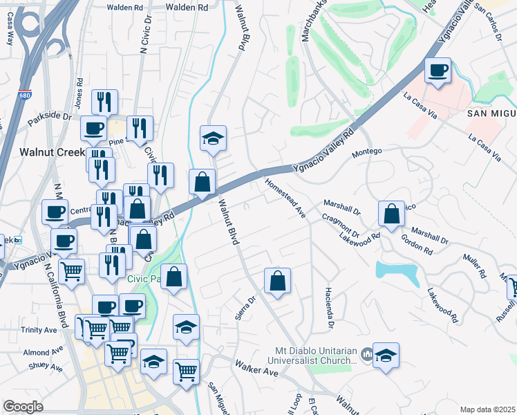 map of restaurants, bars, coffee shops, grocery stores, and more near 2564 Walnut Boulevard in Walnut Creek