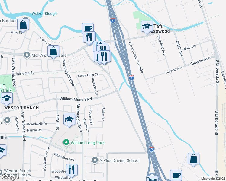 map of restaurants, bars, coffee shops, grocery stores, and more near 605 William Moss Boulevard in Stockton