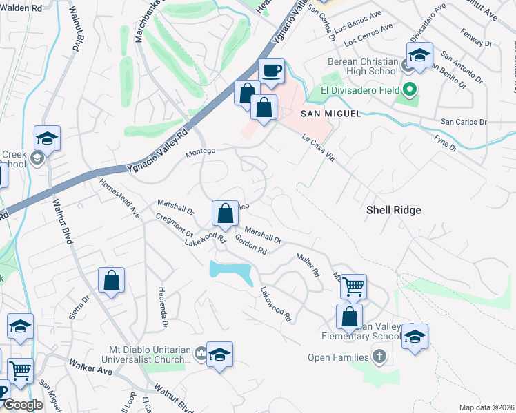 map of restaurants, bars, coffee shops, grocery stores, and more near 671 Tampico in Walnut Creek