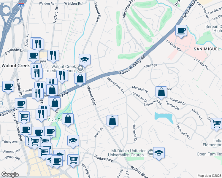 map of restaurants, bars, coffee shops, grocery stores, and more near 2564 Walnut Boulevard in Walnut Creek