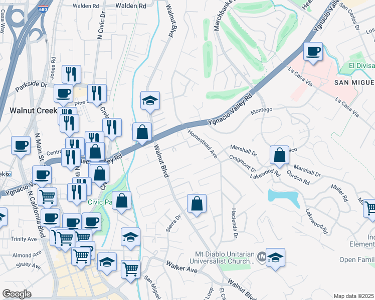 map of restaurants, bars, coffee shops, grocery stores, and more near 2564 Walnut Boulevard in Walnut Creek