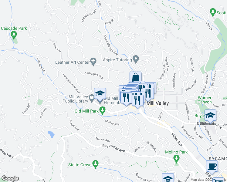 map of restaurants, bars, coffee shops, grocery stores, and more near 21 Tamalpais Avenue in Mill Valley