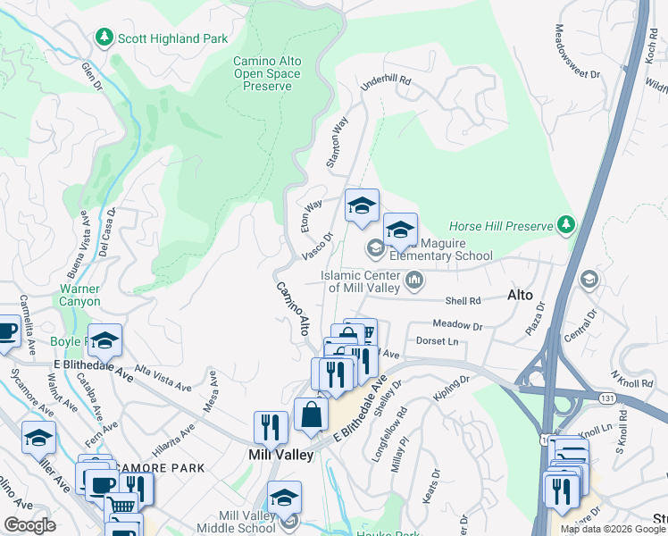 map of restaurants, bars, coffee shops, grocery stores, and more near 26 Azalea Drive in Mill Valley