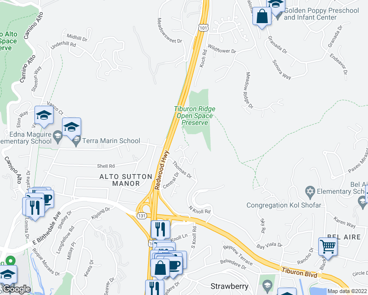 map of restaurants, bars, coffee shops, grocery stores, and more near 3 Creekside Way in Mill Valley