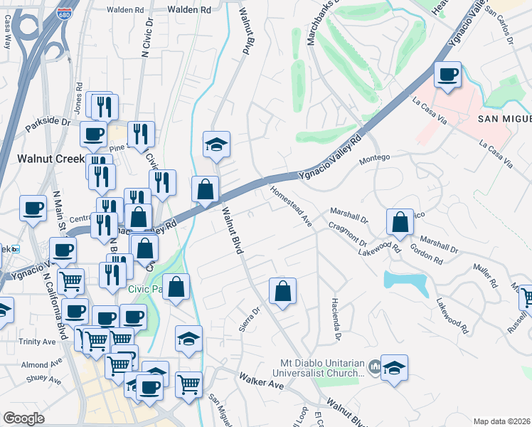 map of restaurants, bars, coffee shops, grocery stores, and more near 2564 Walnut Boulevard in Walnut Creek