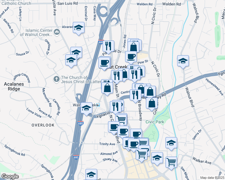 map of restaurants, bars, coffee shops, grocery stores, and more near 2033 North Main Street in Walnut Creek