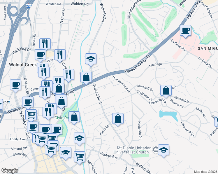 map of restaurants, bars, coffee shops, grocery stores, and more near 2564 Walnut Boulevard in Walnut Creek