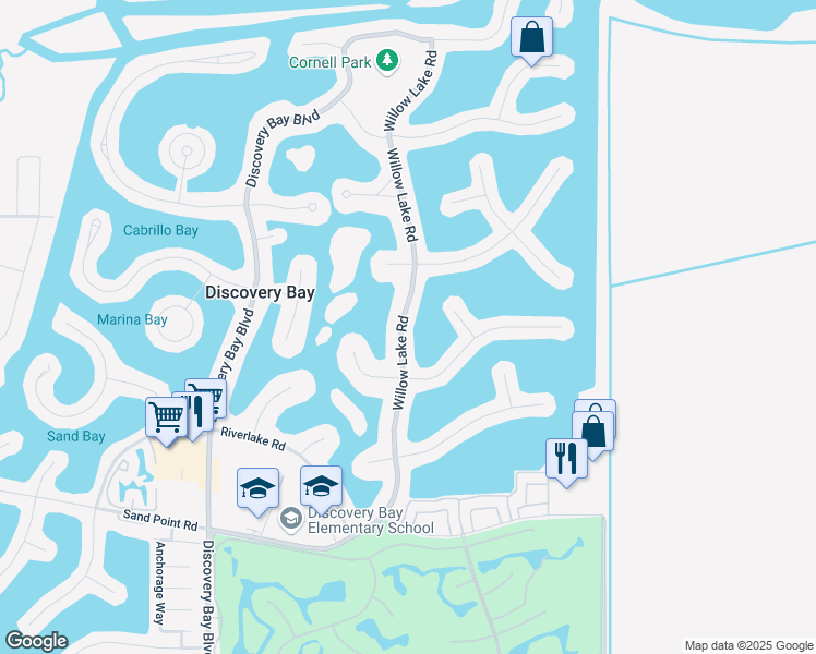 map of restaurants, bars, coffee shops, grocery stores, and more near 1245 Willow Lake Road in Discovery Bay