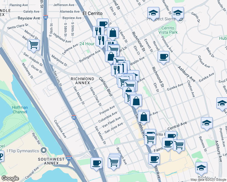 map of restaurants, bars, coffee shops, grocery stores, and more near 6101 Panama Avenue in Richmond