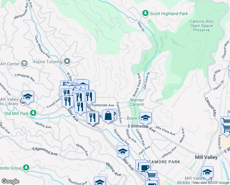 map of restaurants, bars, coffee shops, grocery stores, and more near 3 Circle Avenue in Mill Valley