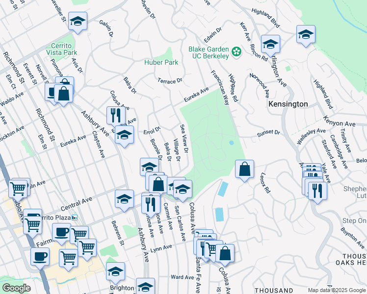 map of restaurants, bars, coffee shops, grocery stores, and more near 417 Sea View Drive in El Cerrito