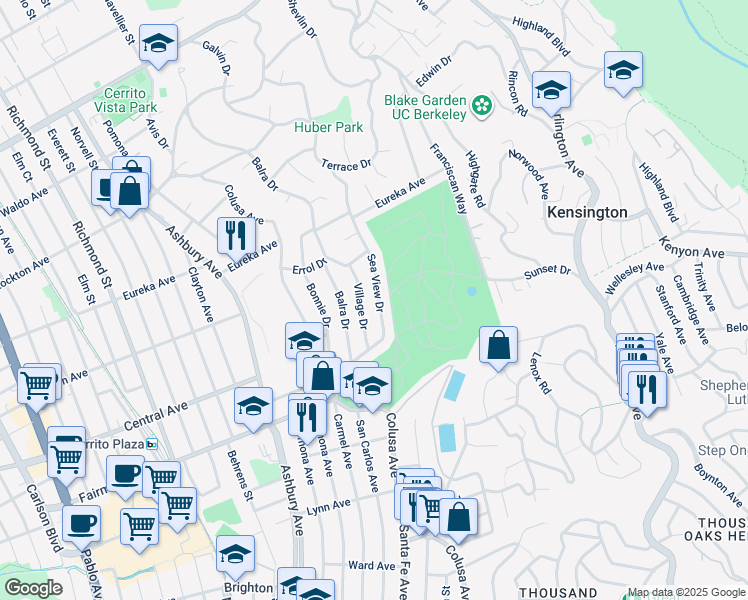 map of restaurants, bars, coffee shops, grocery stores, and more near 417 Sea View Drive in El Cerrito
