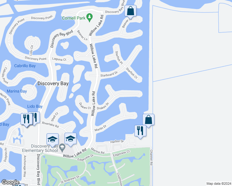 map of restaurants, bars, coffee shops, grocery stores, and more near 5713 Drakes Drive in Discovery Bay