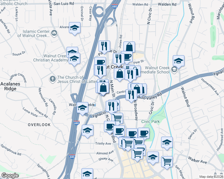 map of restaurants, bars, coffee shops, grocery stores, and more near 2051 North Main Street in Walnut Creek