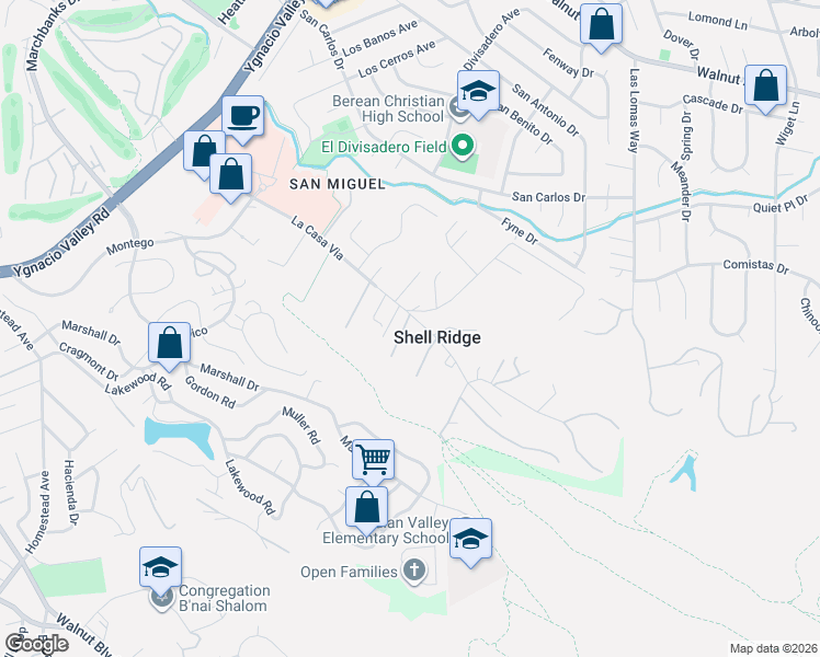 map of restaurants, bars, coffee shops, grocery stores, and more near 345 La Casa Via in Walnut Creek