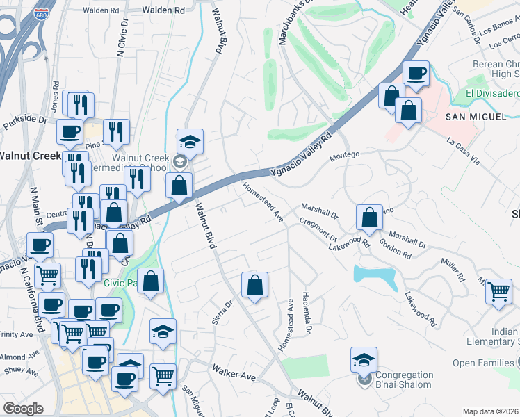 map of restaurants, bars, coffee shops, grocery stores, and more near 69 Cragmont Court in Walnut Creek