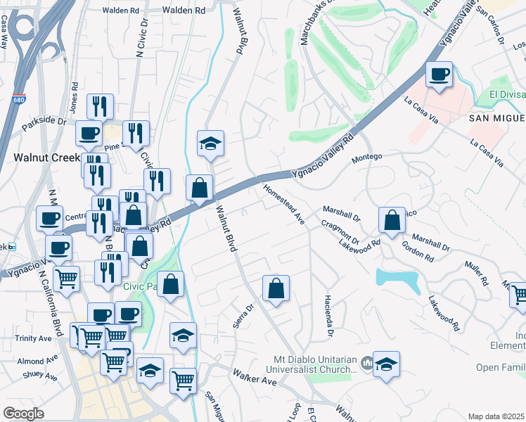 map of restaurants, bars, coffee shops, grocery stores, and more near 2564 Walnut Boulevard in Walnut Creek