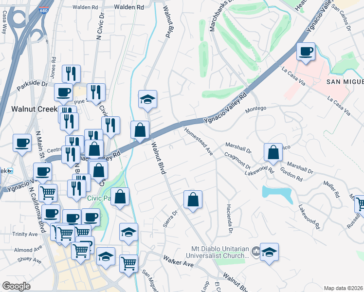 map of restaurants, bars, coffee shops, grocery stores, and more near 2564 Walnut Boulevard in Walnut Creek
