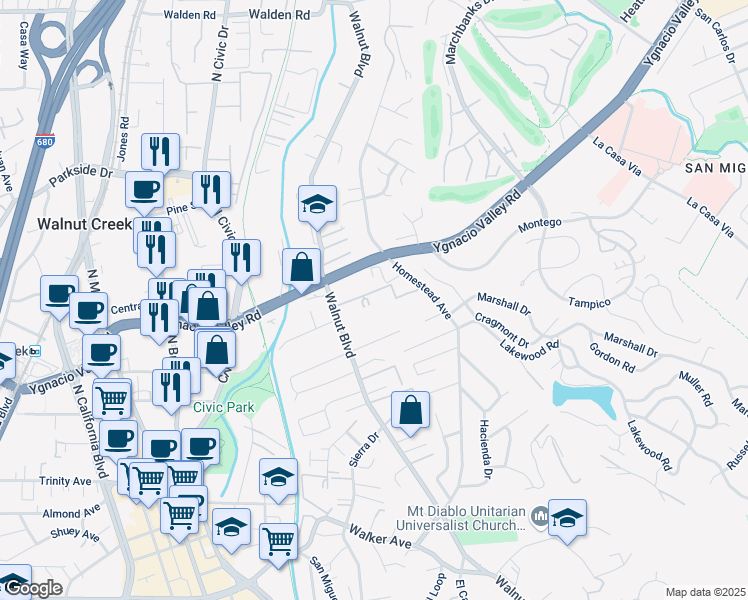 map of restaurants, bars, coffee shops, grocery stores, and more near 1011 Ygnacio Valley Road in Walnut Creek