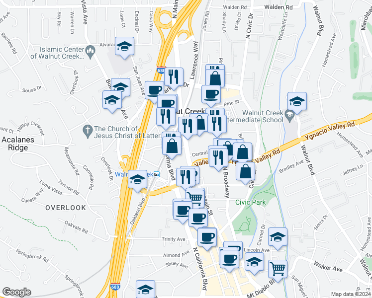 map of restaurants, bars, coffee shops, grocery stores, and more near 2051 North Main Street in Walnut Creek