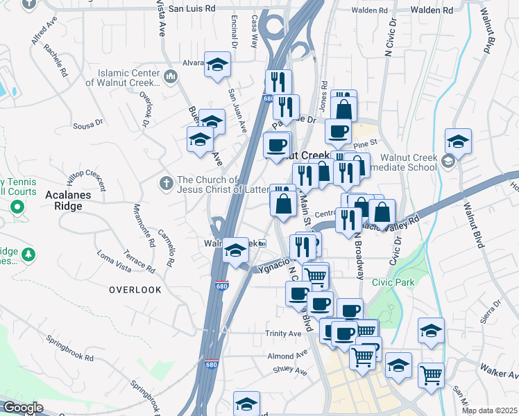 map of restaurants, bars, coffee shops, grocery stores, and more near in Walnut Creek
