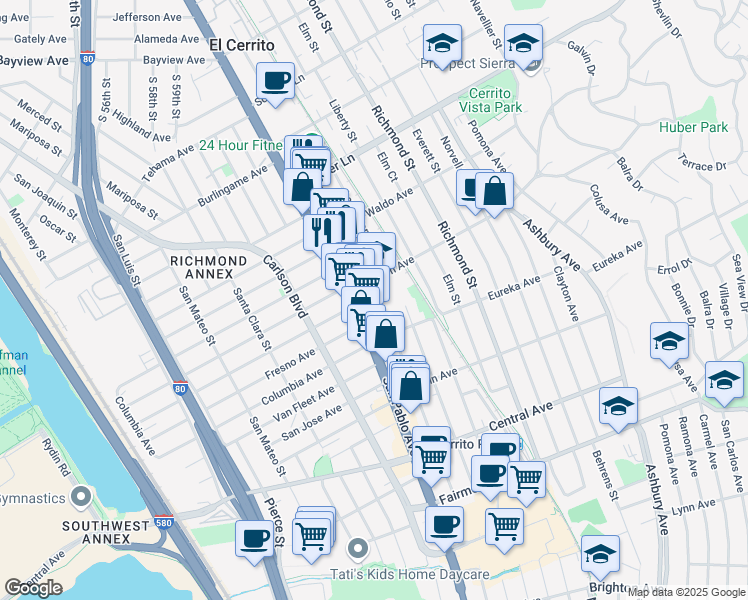 map of restaurants, bars, coffee shops, grocery stores, and more near 6326 Stockton Avenue in El Cerrito