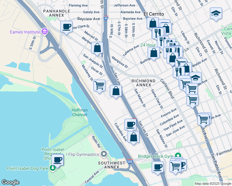 map of restaurants, bars, coffee shops, grocery stores, and more near 1907 San Joaquin Street in Richmond