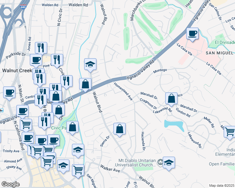 map of restaurants, bars, coffee shops, grocery stores, and more near 1241 Homestead Avenue in Walnut Creek