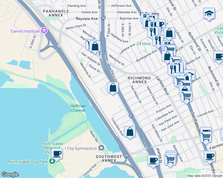 map of restaurants, bars, coffee shops, grocery stores, and more near 1907 San Joaquin Street in Richmond