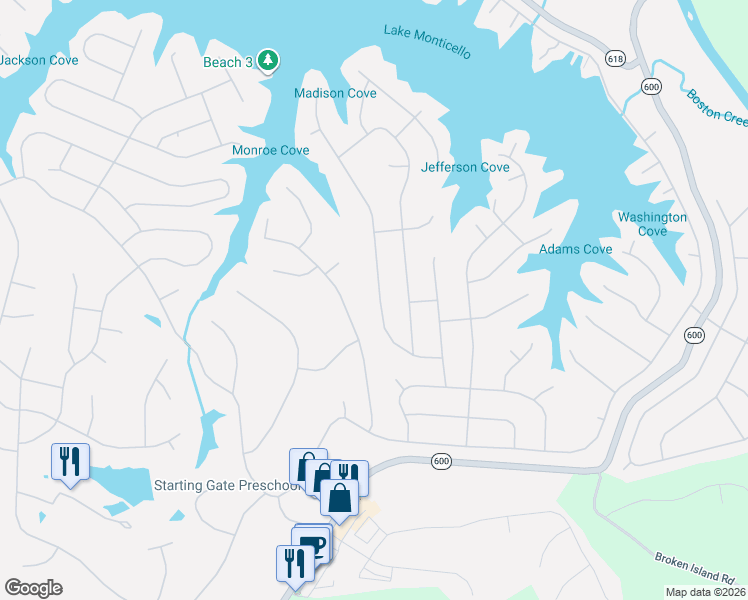 map of restaurants, bars, coffee shops, grocery stores, and more near 28 Wildwood Dr in Lake Monticello