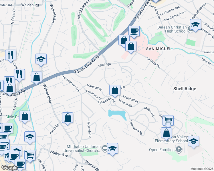 map of restaurants, bars, coffee shops, grocery stores, and more near 1333 Corte Madera in Walnut Creek