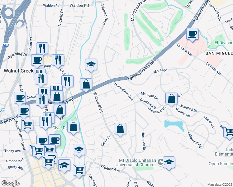 map of restaurants, bars, coffee shops, grocery stores, and more near 2564 Walnut Boulevard in Walnut Creek