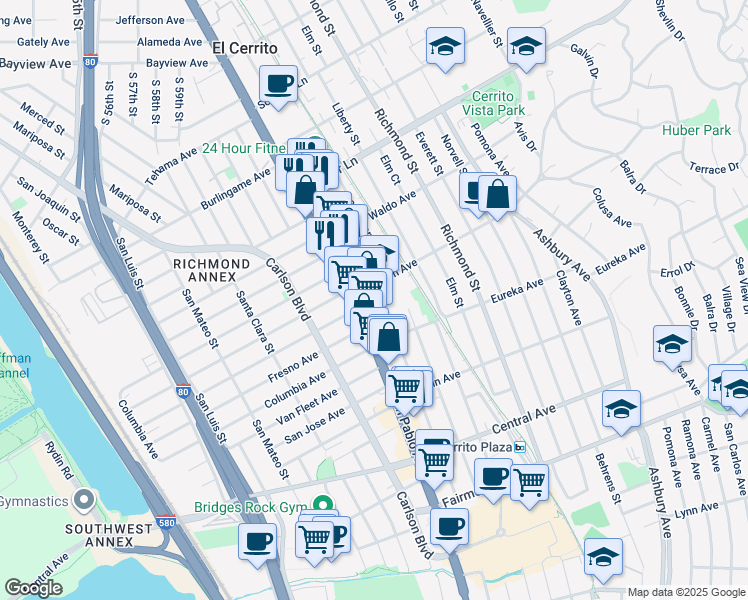 map of restaurants, bars, coffee shops, grocery stores, and more near 6326 Stockton Avenue in El Cerrito
